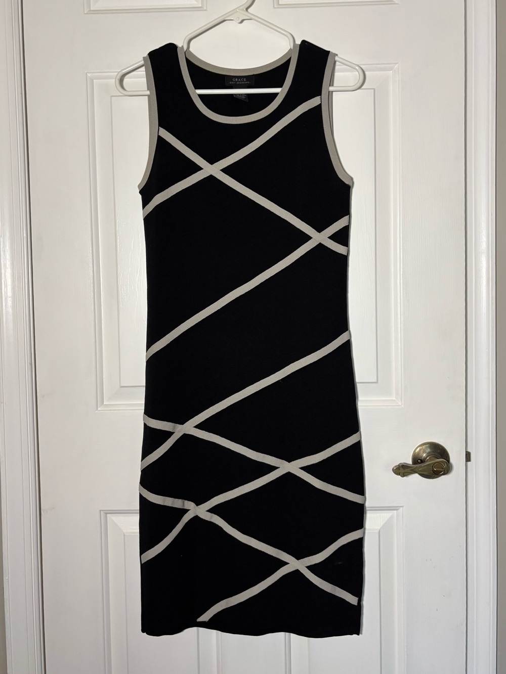 Grace Black Sleeveless Knit Bodycon Midi Dress with Ivory Trim Career Office